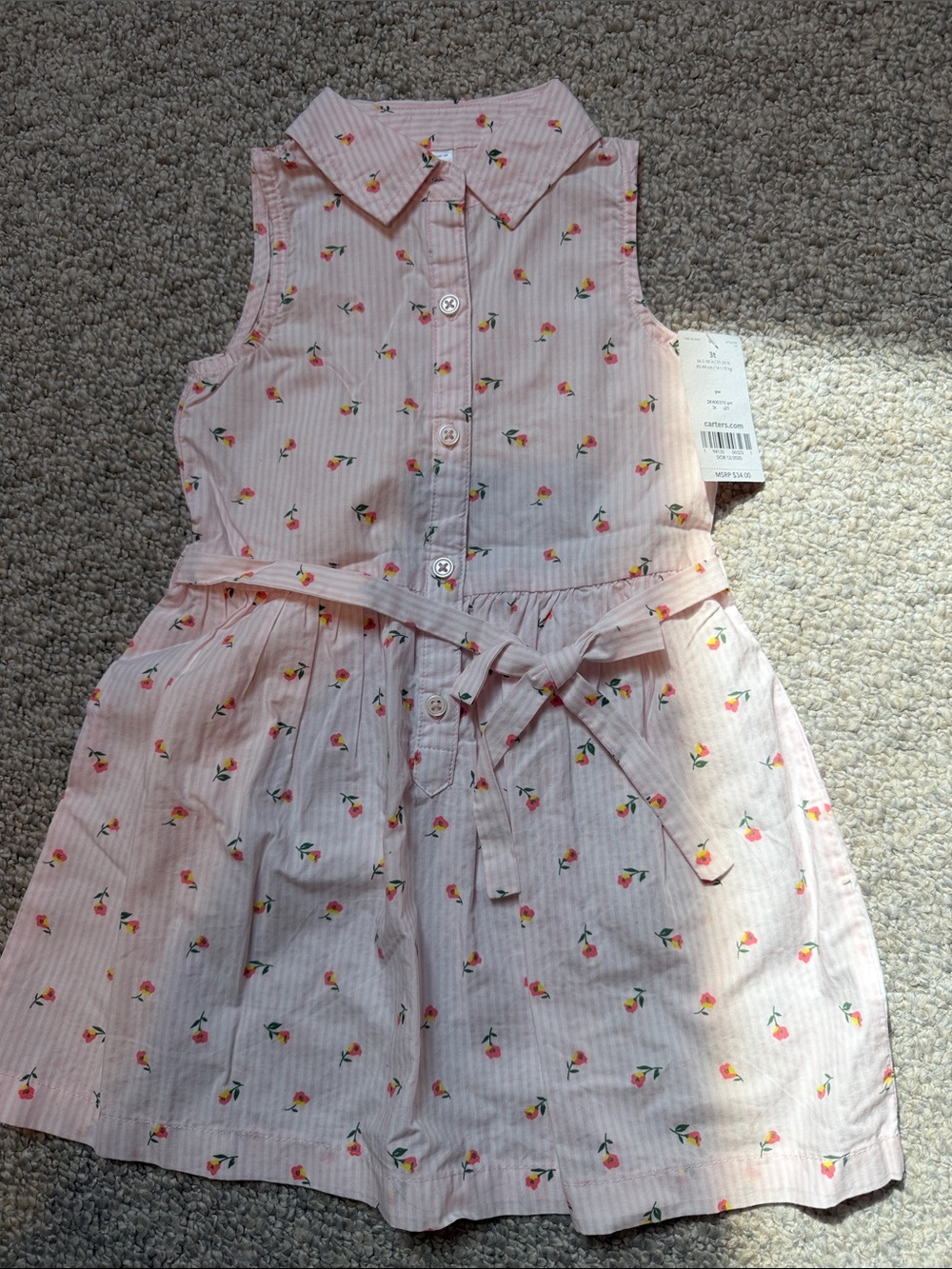 Carter's Sleeveless Light Pink Floral Button-Front Dress with Tie